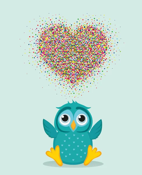 Mutlu bir baykuş bir kalp şeklinde bir çok renkli konfeti atar — Stok Vektör