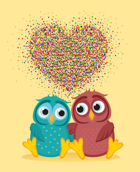 Baykuşlar aşık çifti. Vektör. Form kalplerinde renkli konfeti — Stok Vektör