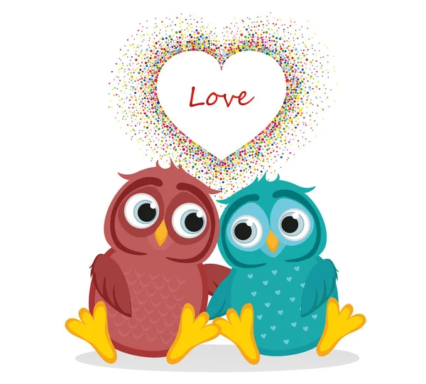 Pair of owls in love. Vector. Colorful confetti in the form of hearts — Stock Vector