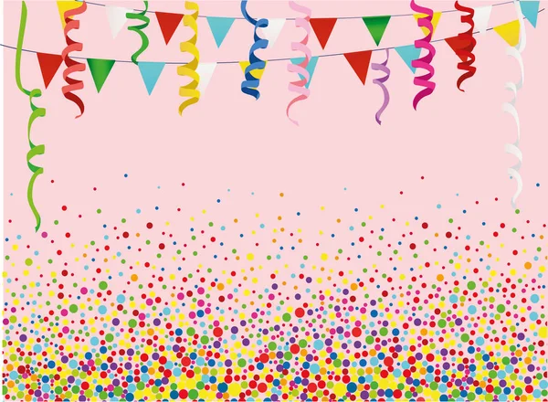 Confettis multicolores colorés et guirlande de drapeaux. Anniversaire de vacances. Vecteur . — Image vectorielle