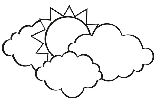 Nubes y sol. Vector. Contorno. Blanco y negro. Espacio libre — Archivo Imágenes Vectoriales