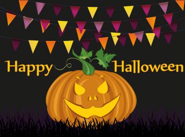 Çelenk ve kabaklar bayraklı Halloween Karnavalı. Vektör. 