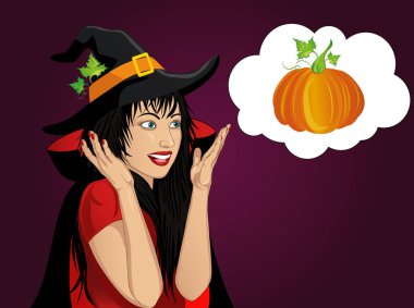 Cadılar Bayramı. Şapka ve cadı kostüm güzel kadın şaşırır