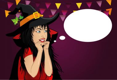 Cadılar Bayramı. Şapka ve cadı kostüm güzel kadın şaşırır