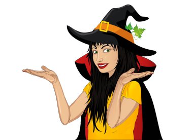 Halloween.Happy kadın bir jest gösterilen şapka ve cadı kostüm