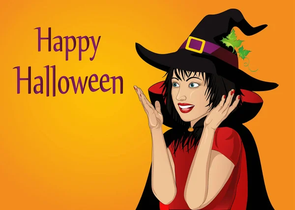 Halloween. Krásná žena v klobouku a čarodějnice kostým je překvapen — Stockový vektor