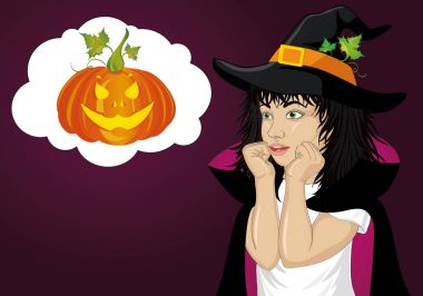 Halloween.Girl şapka ve cadı kostüm şaşırır. Vay canına. Vektör