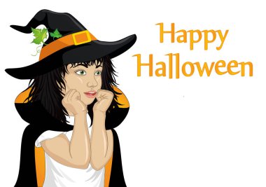 Halloween.Girl şapka ve cadı kostüm şaşırır. Vay canına. Vektör