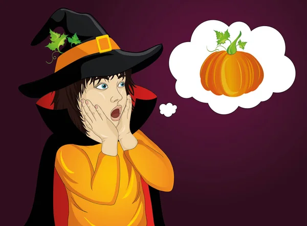 Halloween.Girl en sombrero y traje de bruja se sorprende. ¡Vaya! Vector — Vector de stock