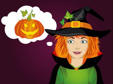 Halloween.Girl şapka ve cadı kostüm şaşırır. Vay canına. Vektör