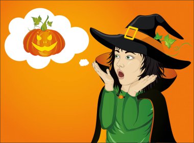 Halloween.Girl şapka ve cadı kostüm şaşırır. Vay canına. Vektör