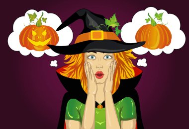 Cadılar Bayramı. Şapka ve cadı kostüm güzel kadın şaşırır