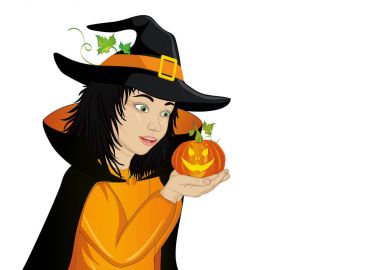 Vay canına! Cadılar Bayramı. Mutlu kız bir şapka ve bir cadı kostüm üfleme 