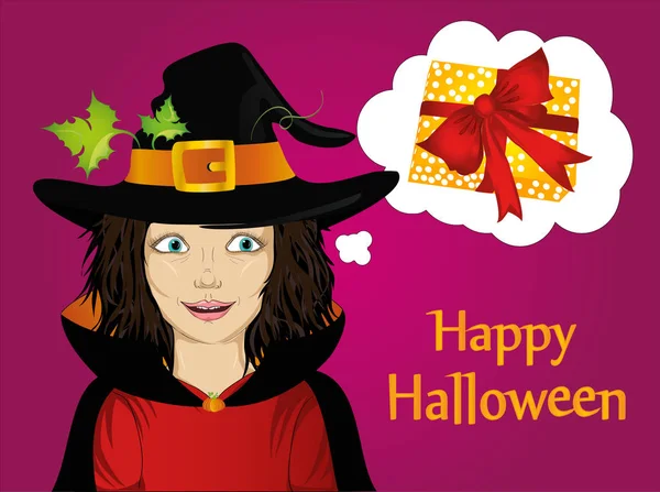 Halloween.Girl şapka ve cadı kostüm. Kız bir dilek yapar.