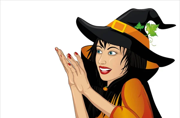 Halloween. Beautiful woman in hat and witch costume is surprised — Stock Vector