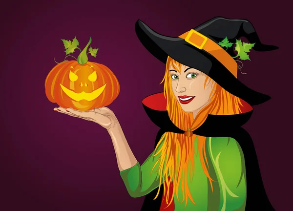 Halloween.Happy woman in hat and witch costume showing a gesture — Stock Vector
