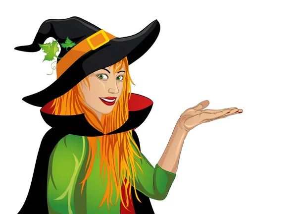 Halloween.Happy kadın bir jest gösterilen şapka ve cadı kostüm — Stok Vektör