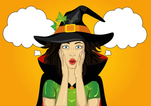 Halloween. Beautiful woman in hat and witch costume is surprised — Stock Vector