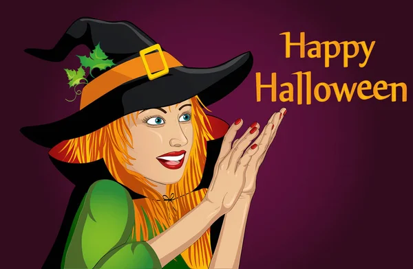 Halloween. Mooie vrouw in hoed en heks kostuum is verbaasd — Stockvector