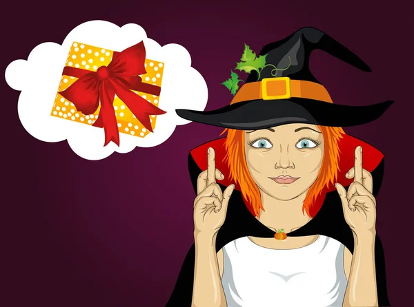 Halloween. Young woman in hat and witch costume crossing her finger — Stock Vector