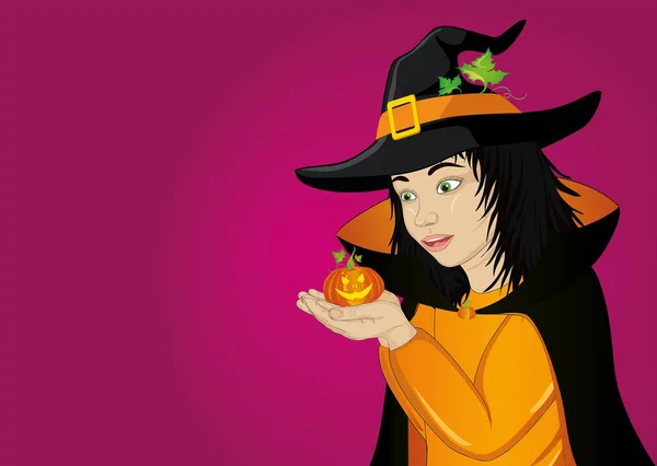 Vay canına! Cadılar Bayramı. Mutlu kız bir şapka ve bir cadı kostüm üfleme — Stok Vektör