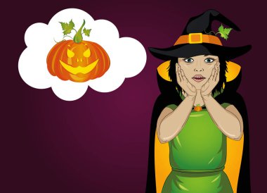 Halloween.Girl şapka ve cadı kostüm şaşırır. Vay canına. Vektör
