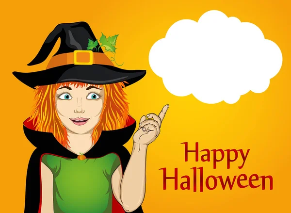 Halloween.Girl şapka ve cadı kostüm parmağını sürpriz gösteriyor