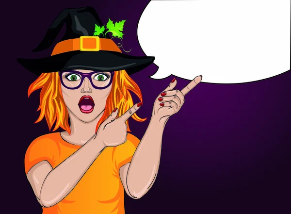 Halloween. Surprised girl in glasses and hat witch costume. Wow. — Stock Vector