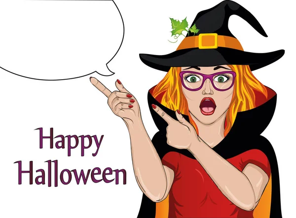 Halloween. Surprised girl in glasses and hat witch costume. Wow. — Stock Vector