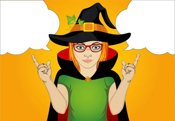 Cadılar Bayramı. Kız şapka ve cadı altında el jest kadar üzerinde kostüm — Stok Vektör