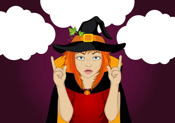 Cadılar Bayramı. Kız şapka ve cadı kostüm el jest — Stok Vektör