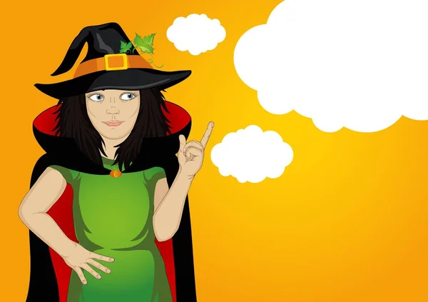 Halloween.Girl şapka ve cadı kostüm sürpriz onun gösterir — Stok Vektör