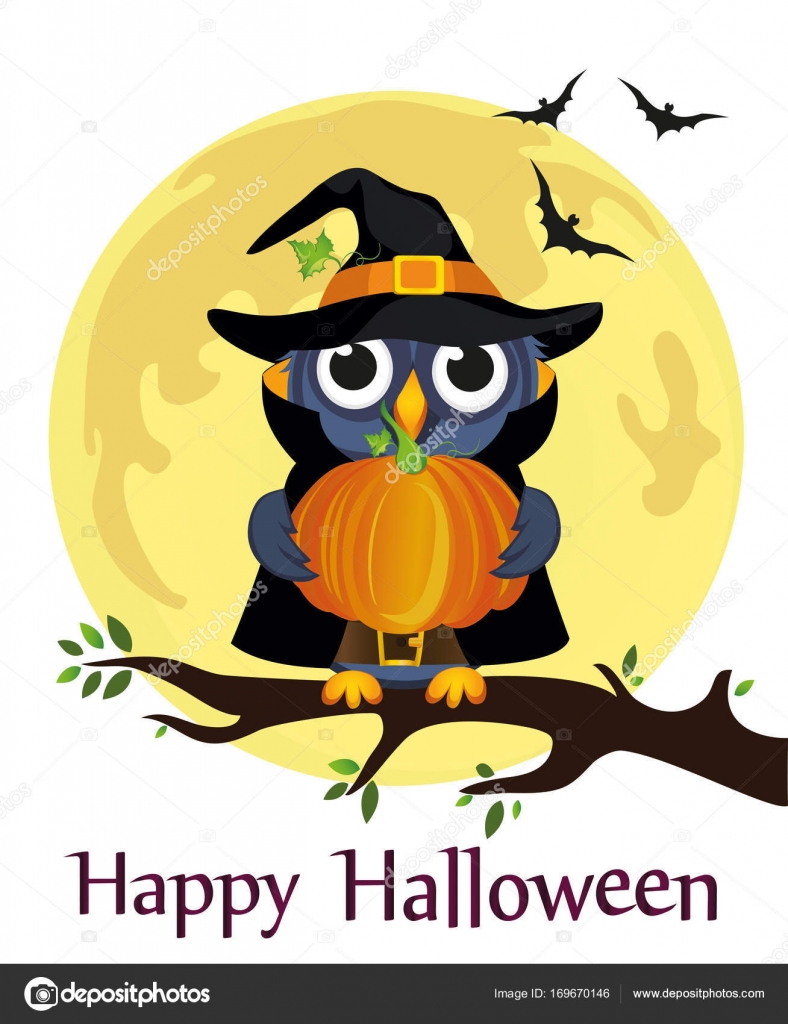 Halloween. Cartoon owl in a witch costume against a