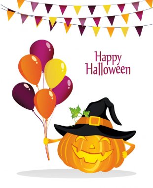 Cadılar Bayramı. Kabak ile balonlar çok cadı şapkalı. Vektör. 