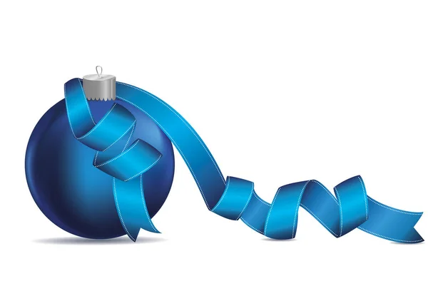 Bola de Natal feliz com fita azul. Banner com espaço de cópia . —  Vetores de Stock