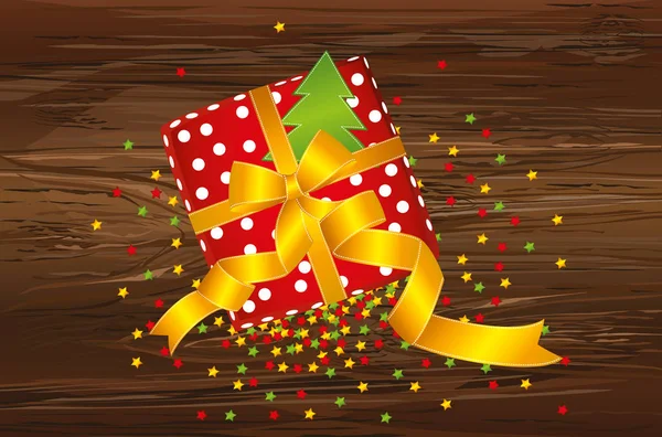De doos van de gift met een boog en een kerstboom. Bekijk van bovenaf. Confetti — Stockvector