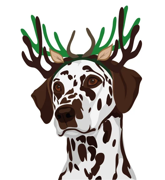 Papai Noel cão dalmatian com chifres de ano novo. Símbolo do ano — Vetor de Stock