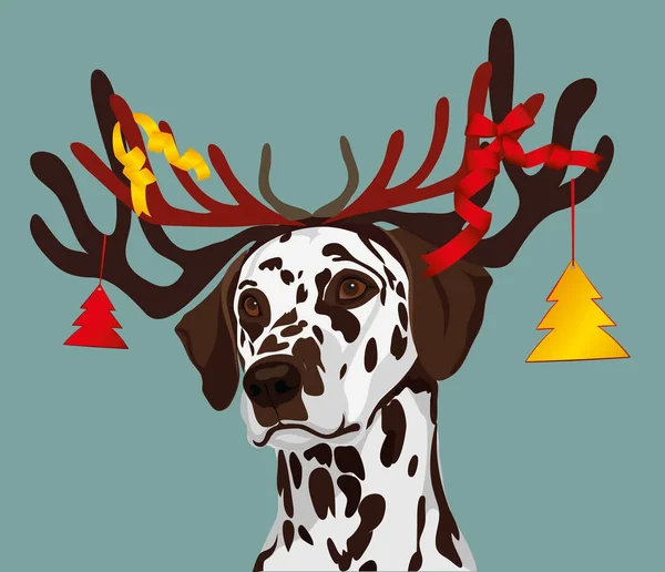 Santa Claus perro dálmata con cuernos de año nuevo con juguetes, Navidad — Vector de stock