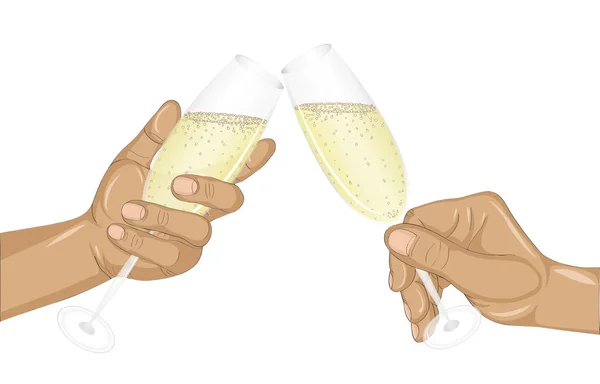 Duas mãos segura uma taça de champanhe e clink. Feliz Natal! — Vetor de Stock