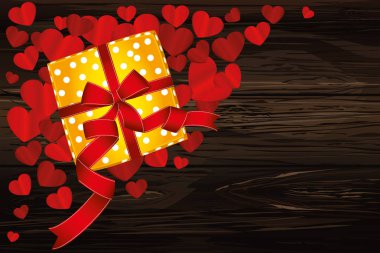 Bir kırmızı yay ve şerit kalplerin bir arka plan üzerinde hediye kutusu. 