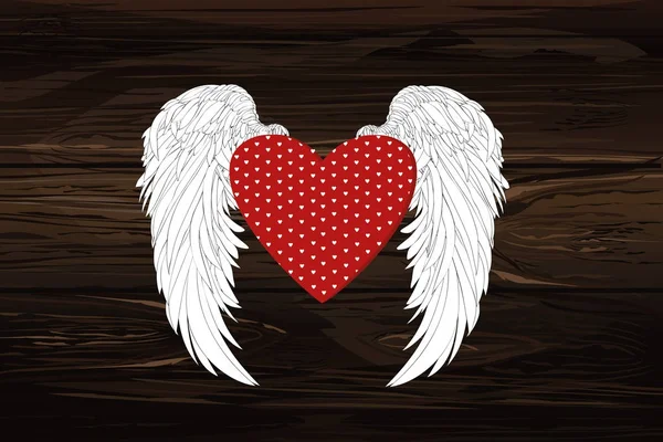 Coeur rouge design avec ailes. Vecteur sur fond bois — Image vectorielle