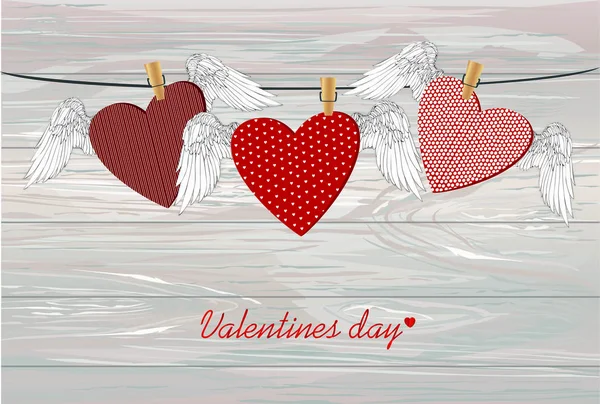 Red Hearts Wings Hanging Rope Clothes Pegs Hold Aloft Valentine — Stock Vector