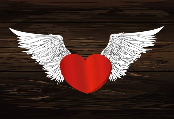 Coeur rouge design avec ailes. Vecteur. Sur fond boisé — Image vectorielle