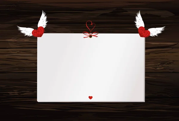 Tarjeta de regalo atada con un corazón rojo. Vector. Día de San Valentín. Sobre madera — Vector de stock