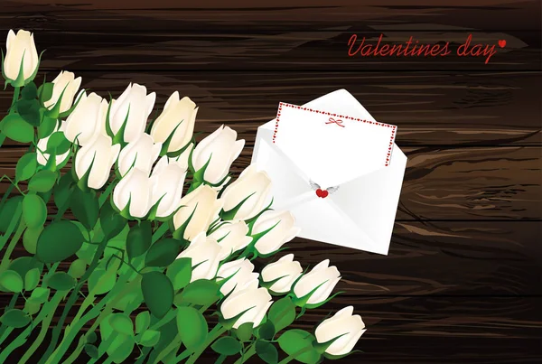 Schöne weiße Blumen. Rosen mit Umschlag und Herzen. leer — Stockvektor