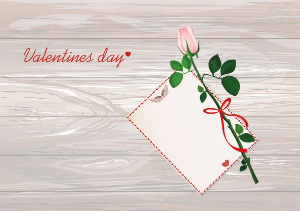 Una flor rosa con lazo rojo y cinta y con tarjeta vacía en blanco — Archivo Imágenes Vectoriales