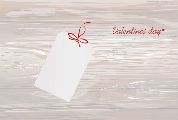 Tarjeta de regalo atada con un corazón rojo. Vector. Día de San Valentín. Sobre madera — Archivo Imágenes Vectoriales