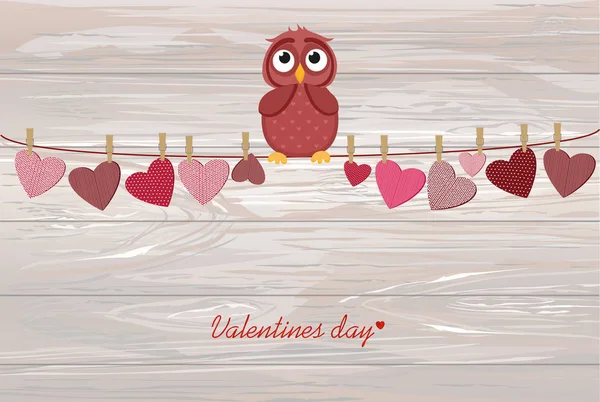 Cute colored owlet sitting on a string. A red hearts with a pic — Stock Vector