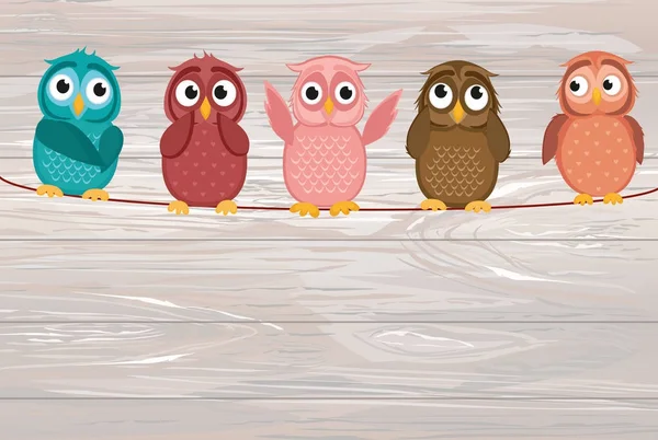 Beş sevimli bir ip üzerinde oturan owlet renkli. Kırmızı Kalpler — Stok Vektör