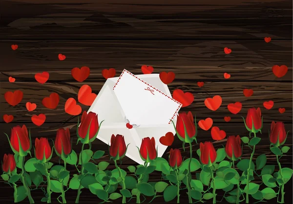 Hermosas flores rojas. Rosas con sobres y corazones. Espacio vacío — Vector de stock